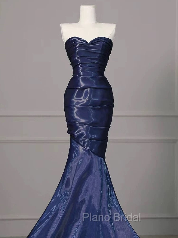 Mermaid Sweetheart Neck Water Satin Dark Blue Long Formal Prom Dresses, Dark Blue Formal Dresses