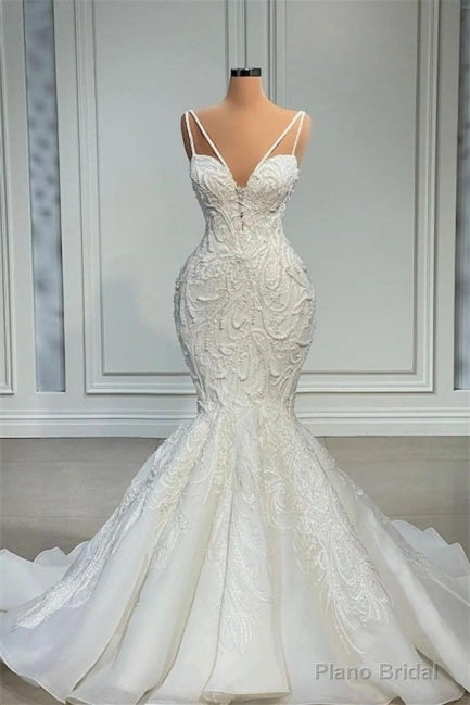 Mermaid Sweetheart Spaghetti strap Lace Floor-length Sleeveless Applique Beaded Wedding Dress Main image