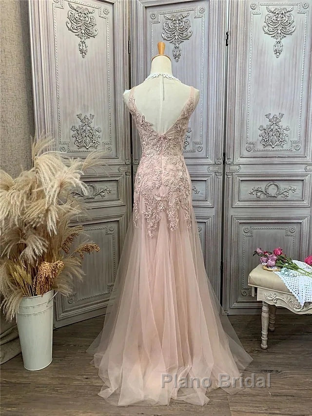 Mermaid / Trumpet Formal Prom Dresses Maxi Dresses Party Wear Sweep / Brush Train Sleeveless V Neck Tulle With Appliques