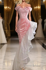 Mermaid / Trumpet Formal Prom Dresses Party Dresses Evening Party Floor Length Sleeveless Off Shoulder Tulle with Pearls Sequin