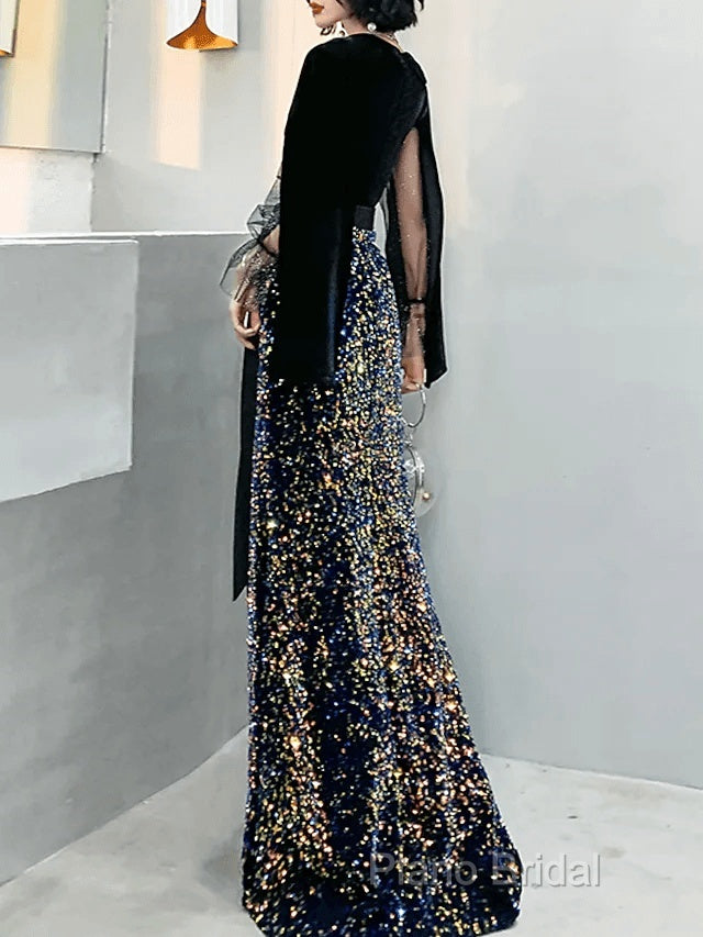 Mermaid / Trumpet Sparkle Gothic Formal Prom Formal Dresses V Neck Long Sleeve Floor Length Sequined Velvet With Sash / Ribbon Sequin