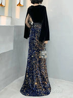 Mermaid / Trumpet Sparkle Gothic Formal Prom Formal Dresses V Neck Long Sleeve Floor Length Sequined Velvet With Sash / Ribbon Sequin
