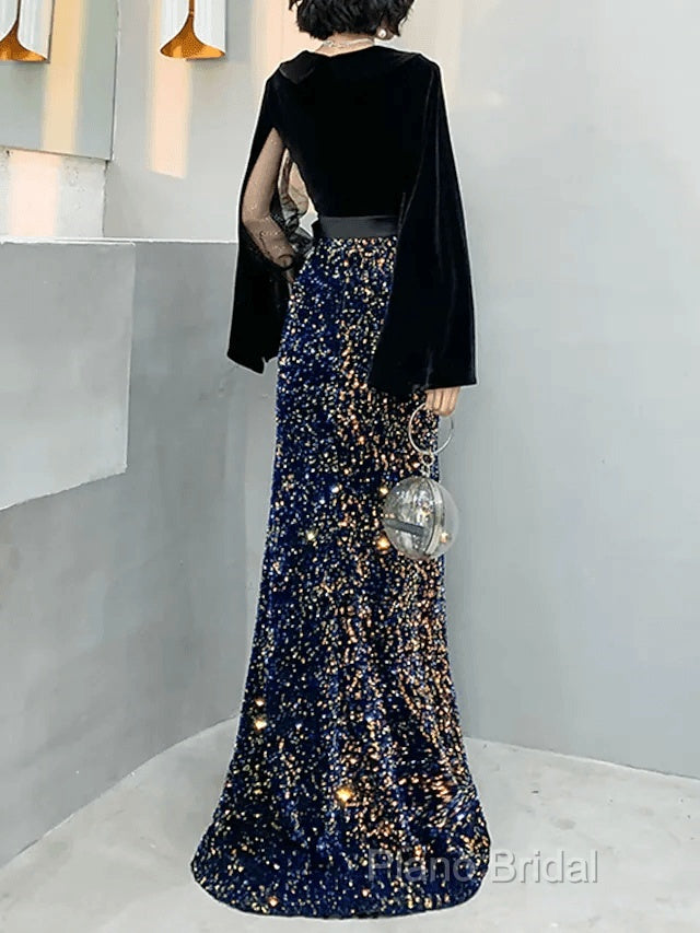 Mermaid / Trumpet Sparkle Gothic Formal Prom Formal Dresses V Neck Long Sleeve Floor Length Sequined Velvet With Sash / Ribbon Sequin