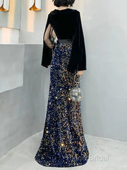 Mermaid / Trumpet Sparkle Gothic Formal Prom Formal Dresses V Neck Long Sleeve Floor Length Sequined Velvet With Sash / Ribbon Sequin