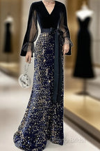 Mermaid / Trumpet Sparkle Gothic Formal Prom Formal Dresses V Neck Long Sleeve Floor Length Sequined Velvet With Sash / Ribbon Sequin