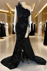 Mermaid / Trumpet Sparkle Sexy Wedding Guest Formal Evening Dresses One Shoulder Long Sleeve Court Train Sequined With Feather Sequin Slit