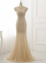 Mermaid Tulle Beading Evening Dress O Neck Short Sleeve