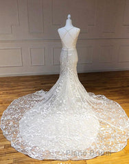 Mermaid V Neck Backless White Lace Long Formal Prom Dresses, Mermaid Ivory Lace Formal Dresses, Ivory Lace Evening Dresses