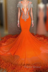 Mermaid V-neck Beaded Sequined Floor-length Long Sleeves With Feather Formal Prom Dress