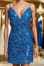 Mermaid V Neck Blue Sequins Short Formal Prom Dresses, Mermaid Blue Homecoming Dresses, Blue Formal Evening Dresses