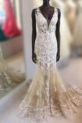 Mermaid V Neck Champagne Lace Formal Prom Dresses, Mermaid Champagne Formal Dresses