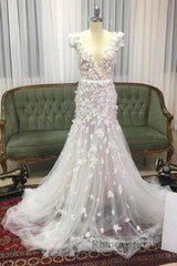 Mermaid V Neck Hand Made Flowers Tulle Wedding Dresses