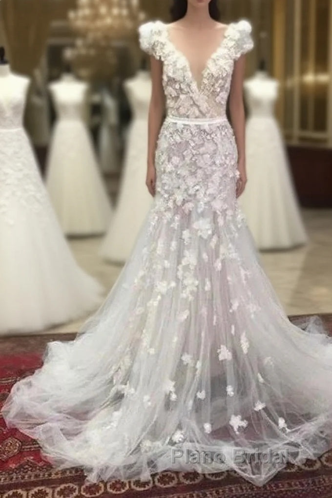 Mermaid V Neck Hand Made Flowers Tulle Wedding Dresses Main image