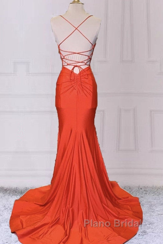 Mermaid V Neck Orange Formal Prom Dresses Spaghetti Straps Secondary image