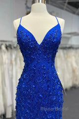 Mermaid V Neck Royal Blue Beade Applique Tulle Long Formal Prom Dresses, Evening Dresses