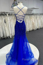 Mermaid V Neck Royal Blue Beade Applique Tulle Long Formal Prom Dresses, Evening Dresses