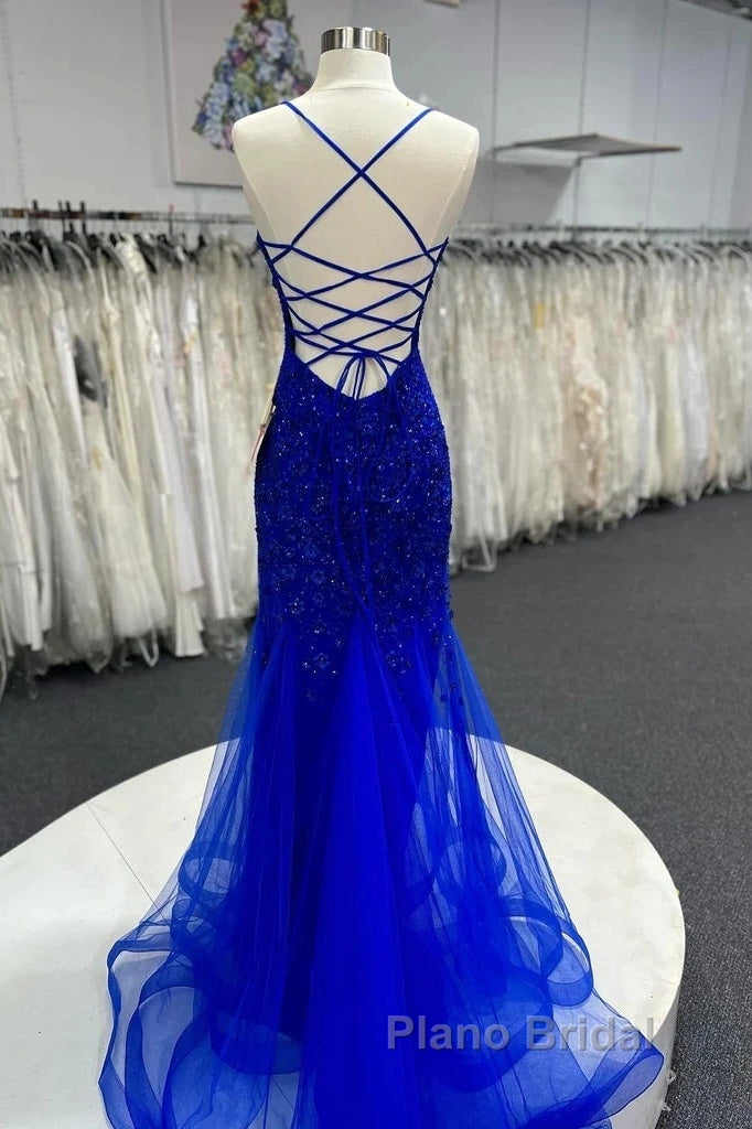 Mermaid V Neck Royal Blue Beade Applique Tulle Long Formal Prom Dresses, Evening Dresses