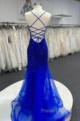 Mermaid V Neck Royal Blue Beade Applique Tulle Long Formal Prom Dresses, Evening Dresses