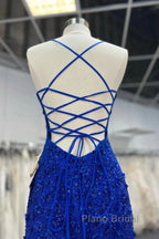 Mermaid V Neck Royal Blue Beade Applique Tulle Long Formal Prom Dresses, Evening Dresses