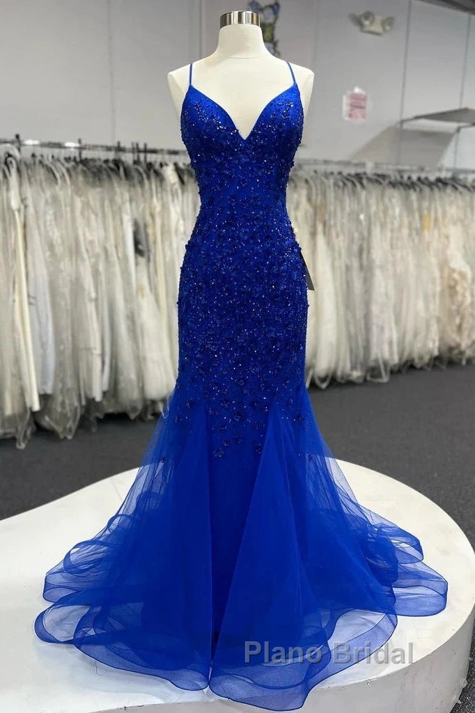Mermaid V Neck Royal Blue Beade Applique Tulle Long Formal Prom Dresses, Evening Dresses