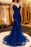 Mermaid V Neck Royal Blue Beade Applique Tulle Long Formal Prom Dresses, Evening Dresses