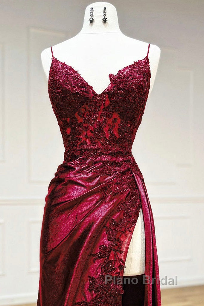 Mermaid V Neck Satin Lace Burgundy Long Formal Prom Dresses, Burgundy Long Formal Dresses Secondary image