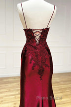 Mermaid V Neck Satin Lace Burgundy Long Formal Prom Dresses, Burgundy Long Formal Dresses
