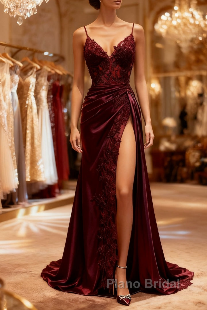 Mermaid V Neck Satin Lace Burgundy Long Formal Prom Dresses, Burgundy Long Formal Dresses