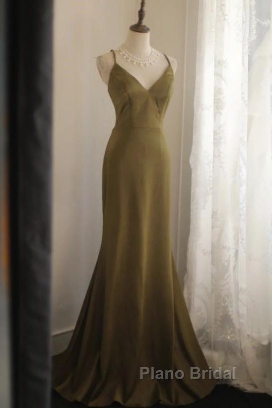 Mermaid V-Neck Satin Long Formal Prom Dresses Elegant Spaghetti Strap Formal Dresses
