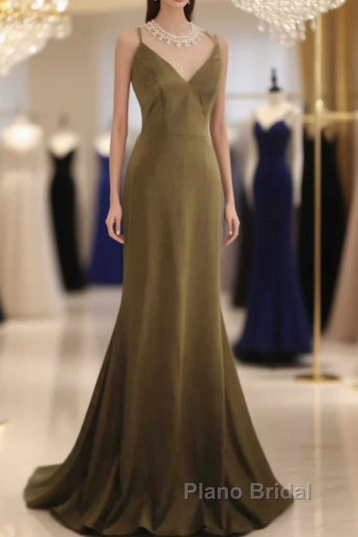 Mermaid V-Neck Satin Long Formal Prom Dresses Elegant Spaghetti Strap Formal Dresses Main image