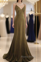 Mermaid V-Neck Satin Long Formal Prom Dresses Elegant Spaghetti Strap Formal Dresses