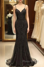 Mermaid V Neck Sequined Black Formal Prom Dresses Spaghetti Straps