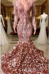 Mermaid V-neck Sequined Floor-length Long Sleeve Lace Formal Prom Dress With Feather