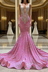 Mermaid V-neck Sequined Floor-length Sleeveless Formal Prom Dress