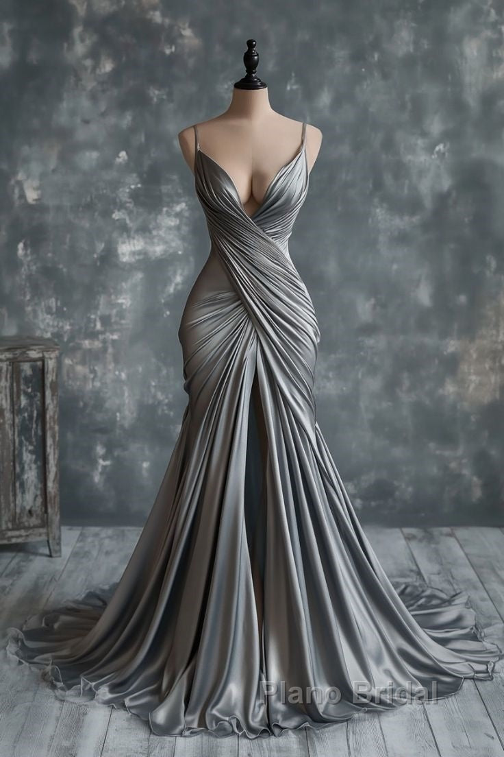 Mermaid V Neck Silver Spaghetti Straps Satin Long Formal Prom Dresses Sexy Evening Dresses