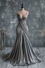 Mermaid V Neck Silver Spaghetti Straps Satin Long Formal Prom Dresses Sexy Evening Dresses