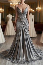 Mermaid V Neck Silver Spaghetti Straps Satin Long Formal Prom Dresses Sexy Evening Dresses