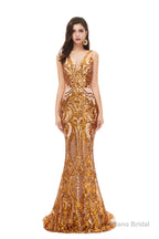 Mermaid V Neck Sleeveless Sequind Long Prom Dresses