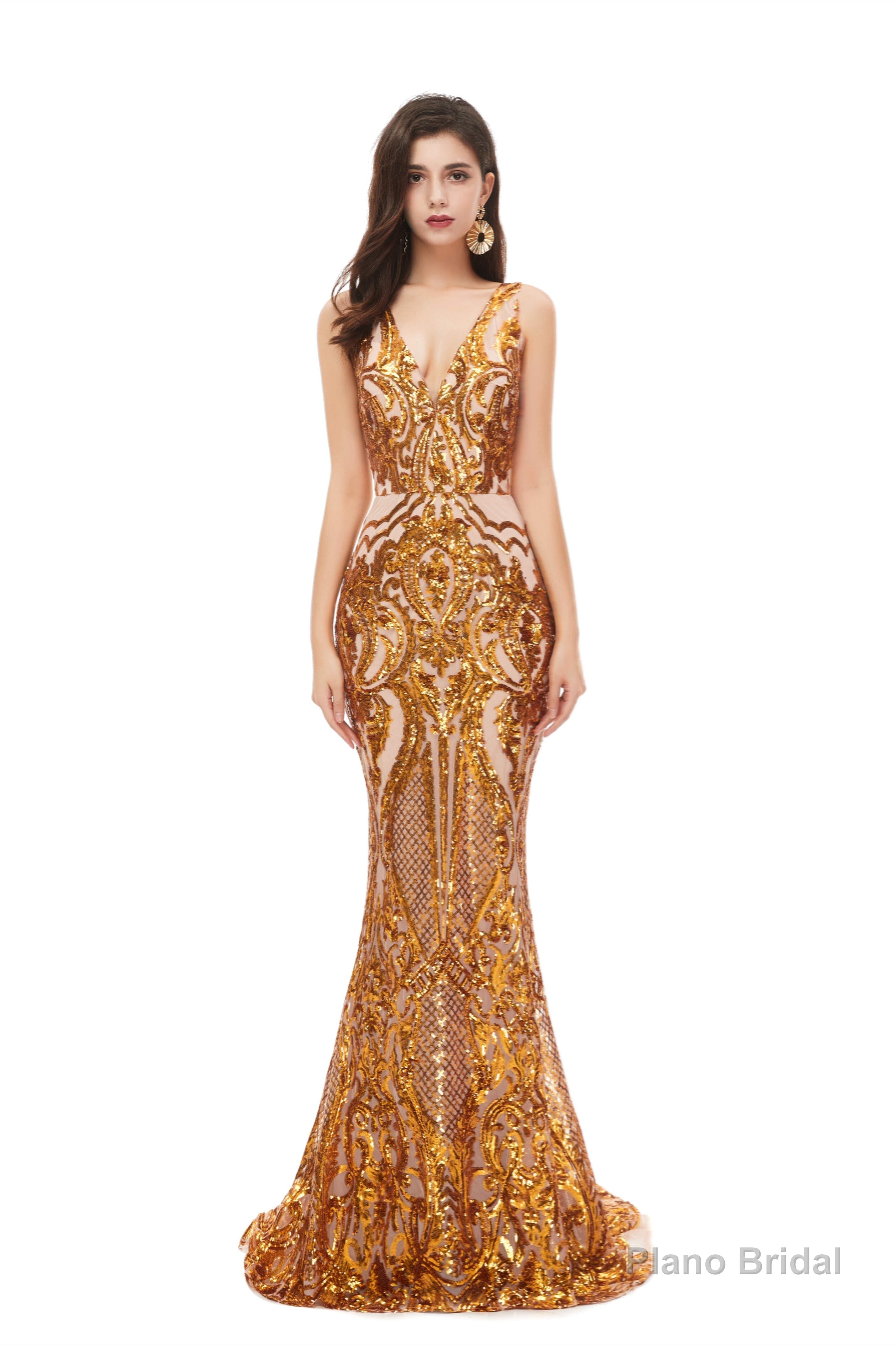 Mermaid V Neck Sleeveless Sequind Long Prom Dresses