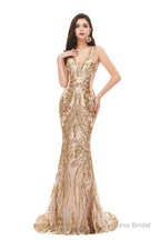 Mermaid V Neck Sleeveless Sequind Long Prom Dresses