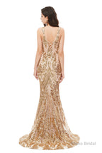 Mermaid V Neck Sleeveless Sequind Long Prom Dresses