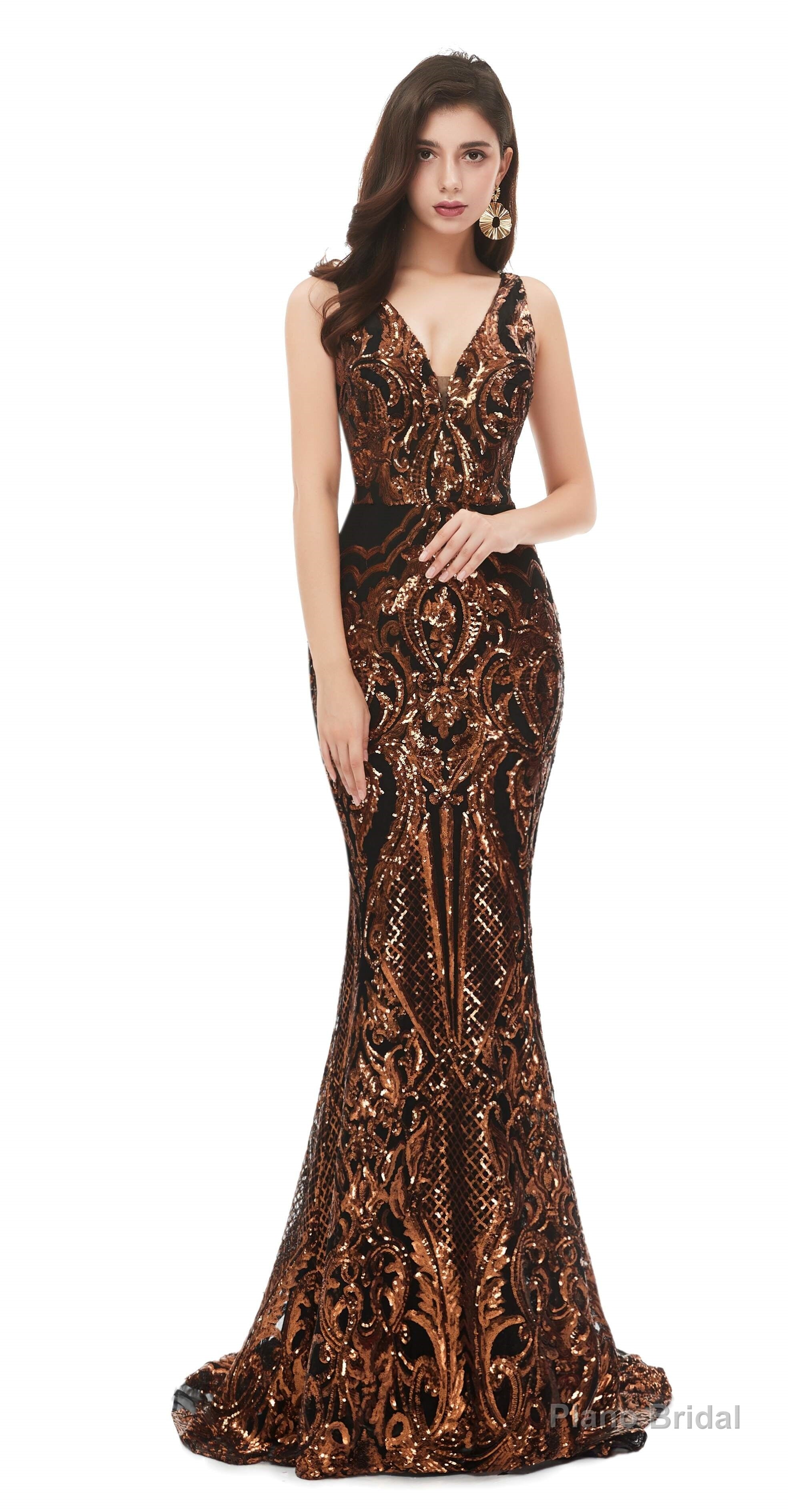 Mermaid V Neck Sleeveless Sequind Long Prom Dresses Secondary image