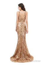 Mermaid V Neck Sleeveless Sequind Long Prom Dresses