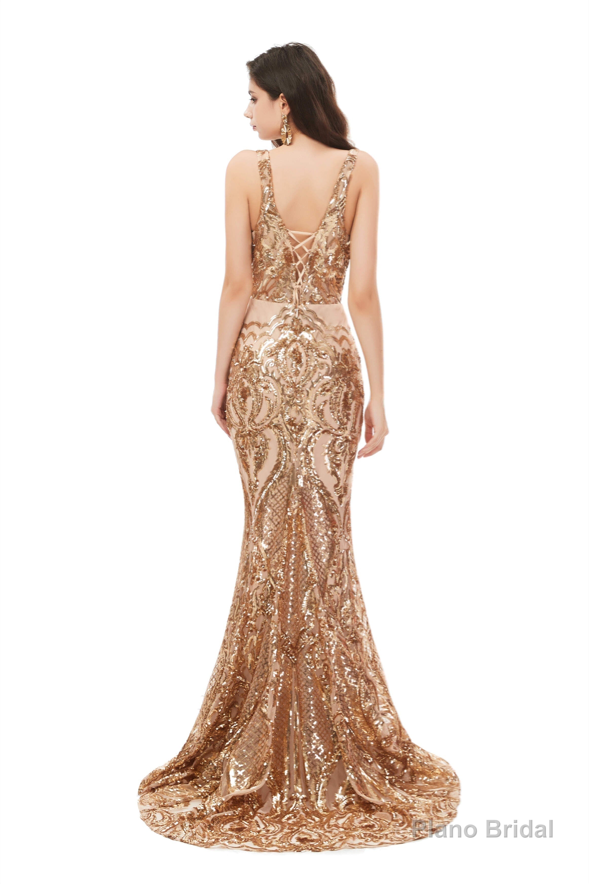 Mermaid V Neck Sleeveless Sequind Long Prom Dresses