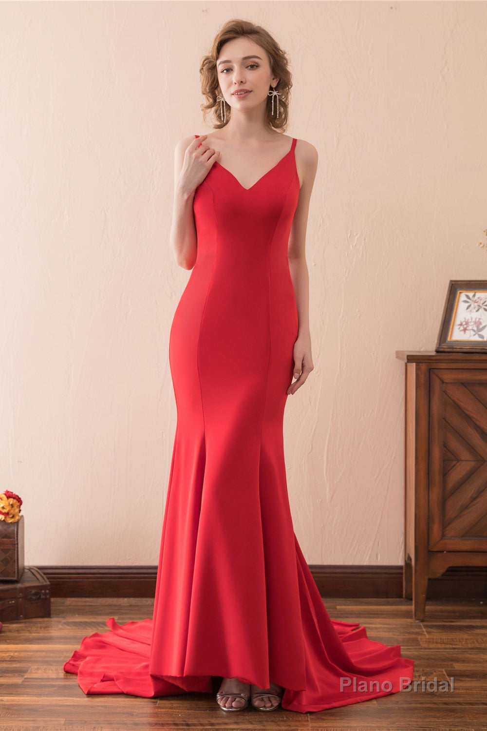 Mermaid V-Neck Spaghetti Straps Red Satin Prom Dresses Secondary image