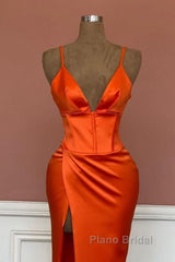 Mermaid V-Neck Spaghetti Straps Satin Dresses With Slit