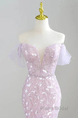 Mermaid V Neck Tulle Sequin Purple Long Formal Prom Dresses Formal Dresses