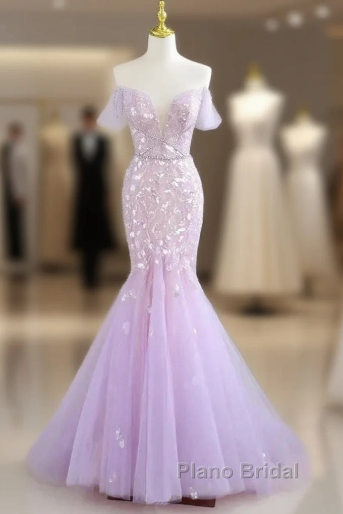 Mermaid V Neck Tulle Sequin Purple Long Formal Prom Dresses Formal Dresses Main image
