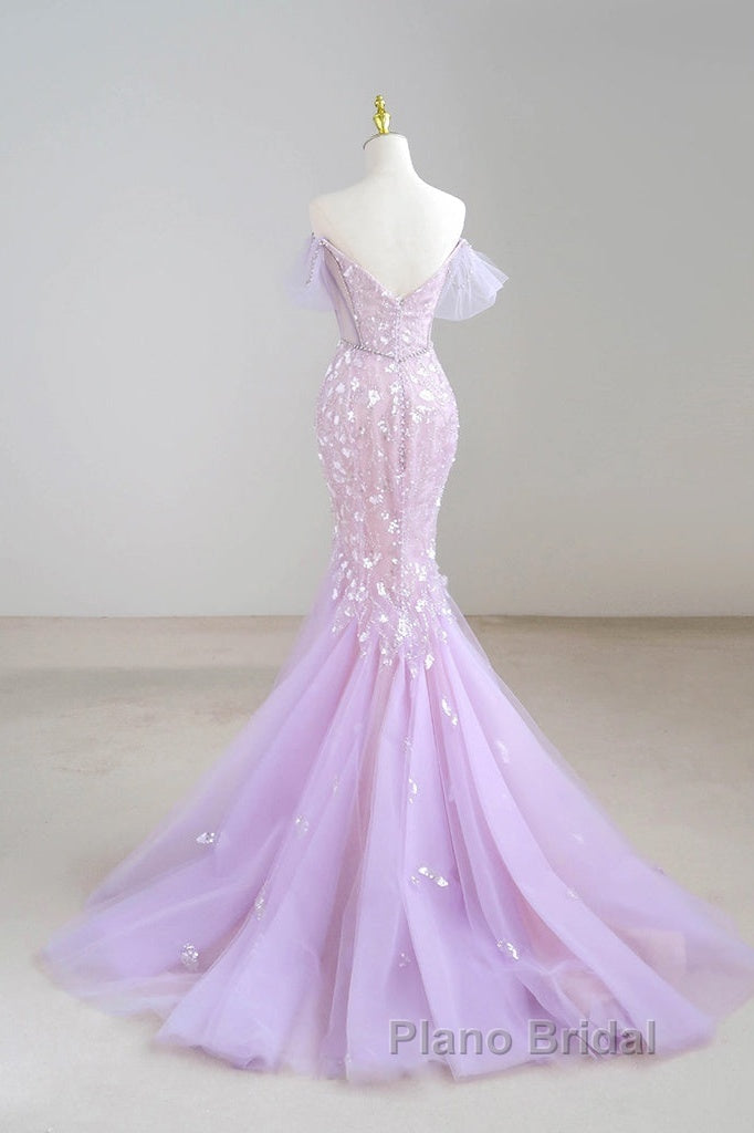 Mermaid V Neck Tulle Sequin Purple Long Formal Prom Dresses, Purple Long Formal Dresses Secondary image