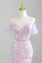 Mermaid V Neck Tulle Sequin Purple Long Formal Prom Dresses, Purple Long Formal Dresses